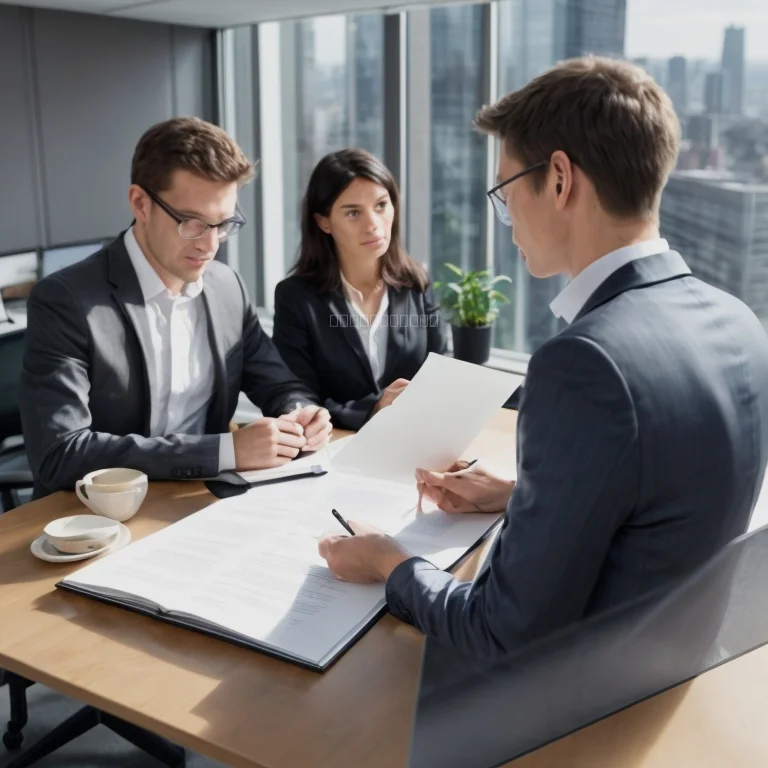 Legal consultant advising entrepreneur over documents
